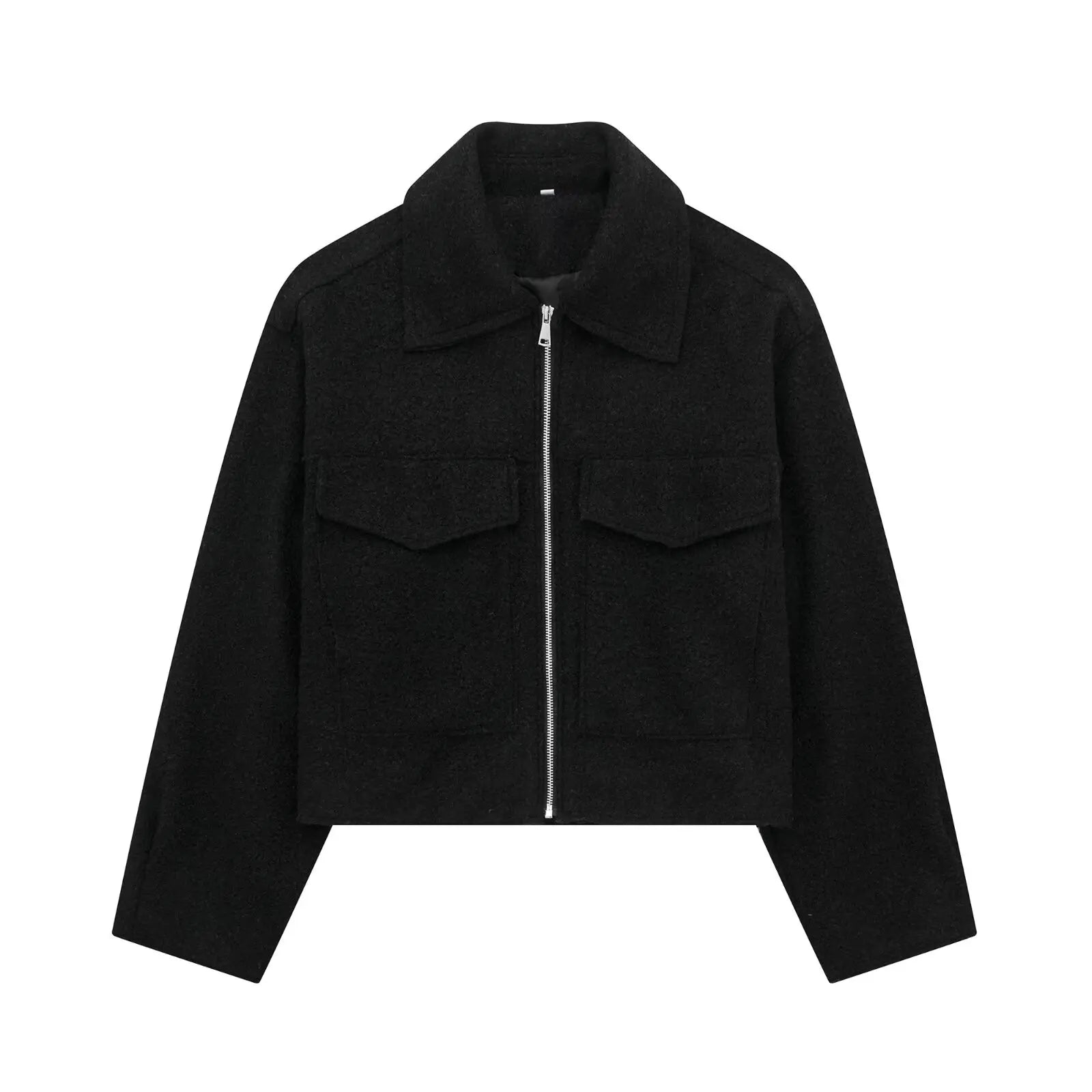 TRAFZA Women Elegant Solid Coat With Front Flap Pocket Zipper Long Sleeve Bomber Jacket 2024 Autumn Winter Casual Y2K Outerwear