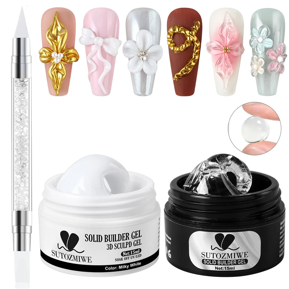15ml Clear/White Solid Nail Extension Gel Quick Building UV Gel Builder Molding Nail Gel Polish 3D Sculpting Brush Manicure Kit