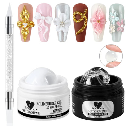 15ml Clear/White Solid Nail Extension Gel Quick Building UV Gel Builder Molding Nail Gel Polish 3D Sculpting Brush Manicure Kit
