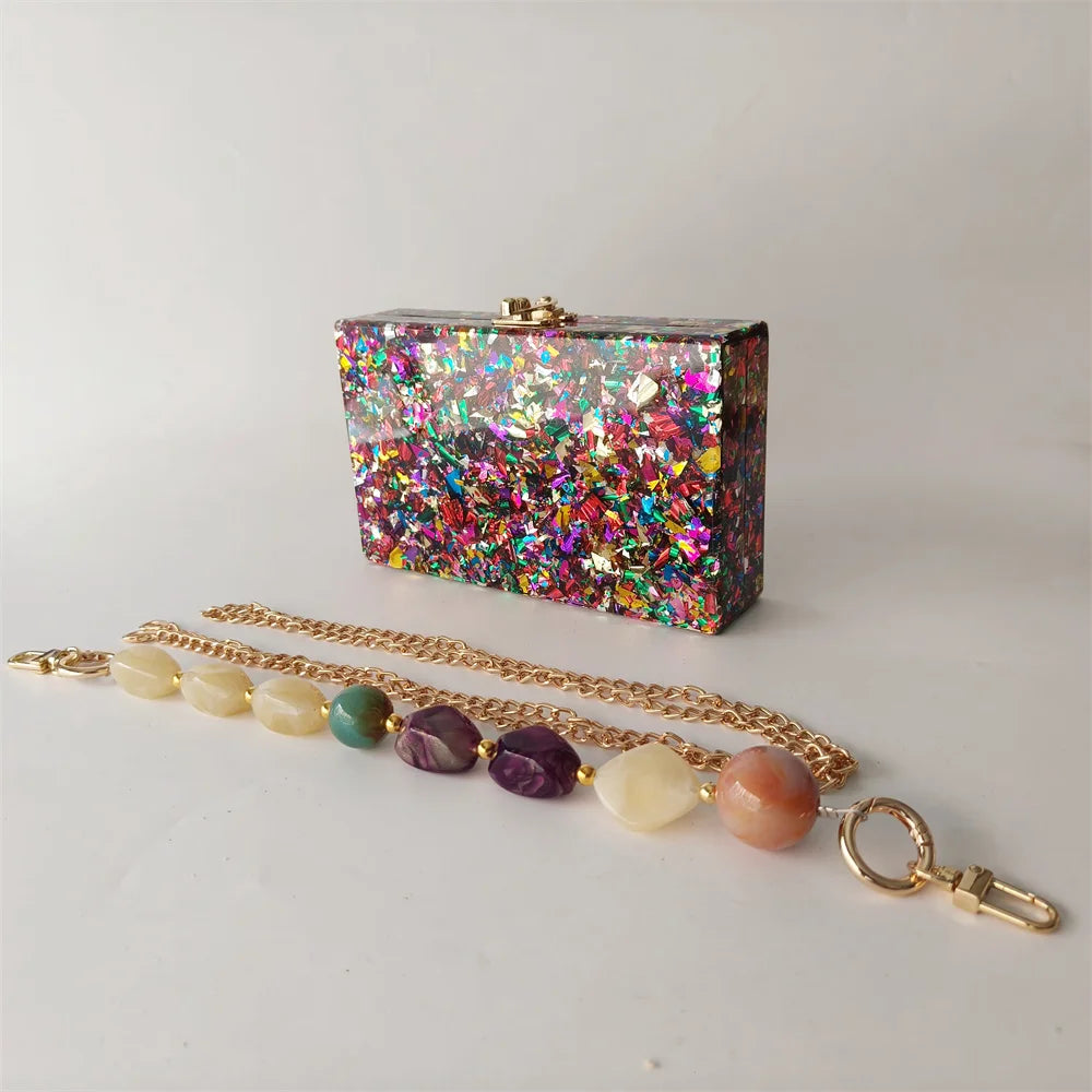 Colorful Big Glitter Acrylic Bag Handle Summer Party Wedding Evening Bride Gift Lady Handbag And Purse Mini Small Female Flap