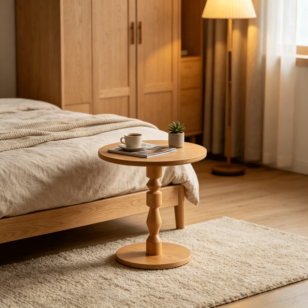 Round Side Table with a Solid Wood Spindle Pedestal and Light Oak