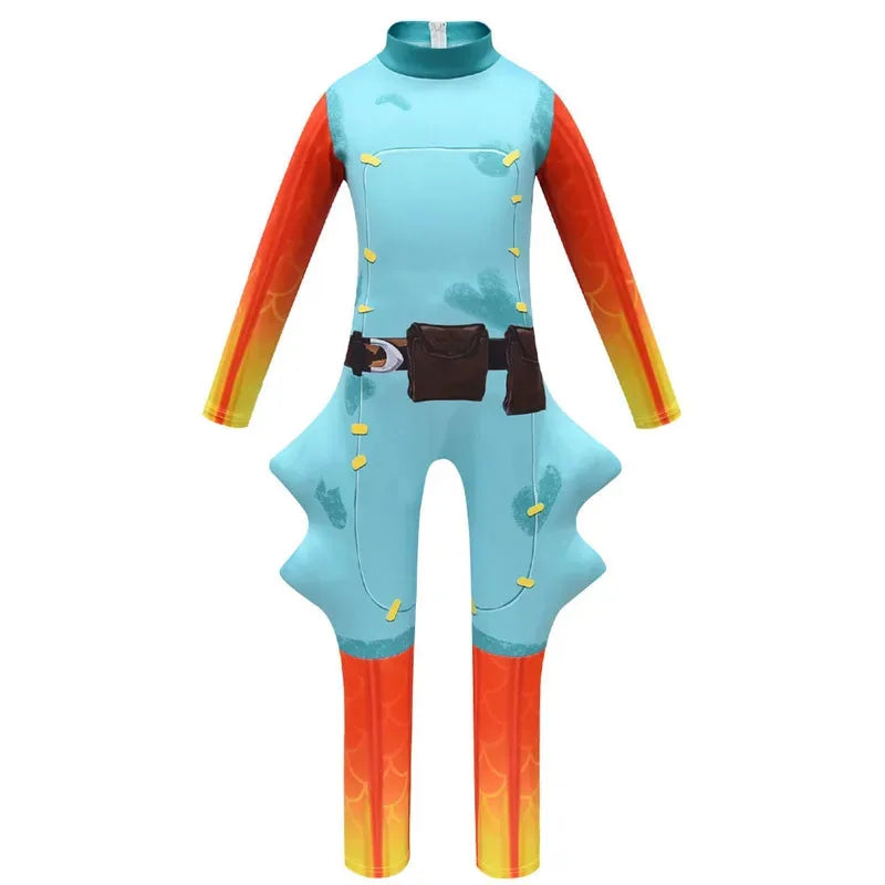 Cosplay Kids Halloween Fish Stick Cosplay Costume for Teen Boy Girl Jumpsuit Boss Christmas Party Mask+Playsuit Child Body Anime