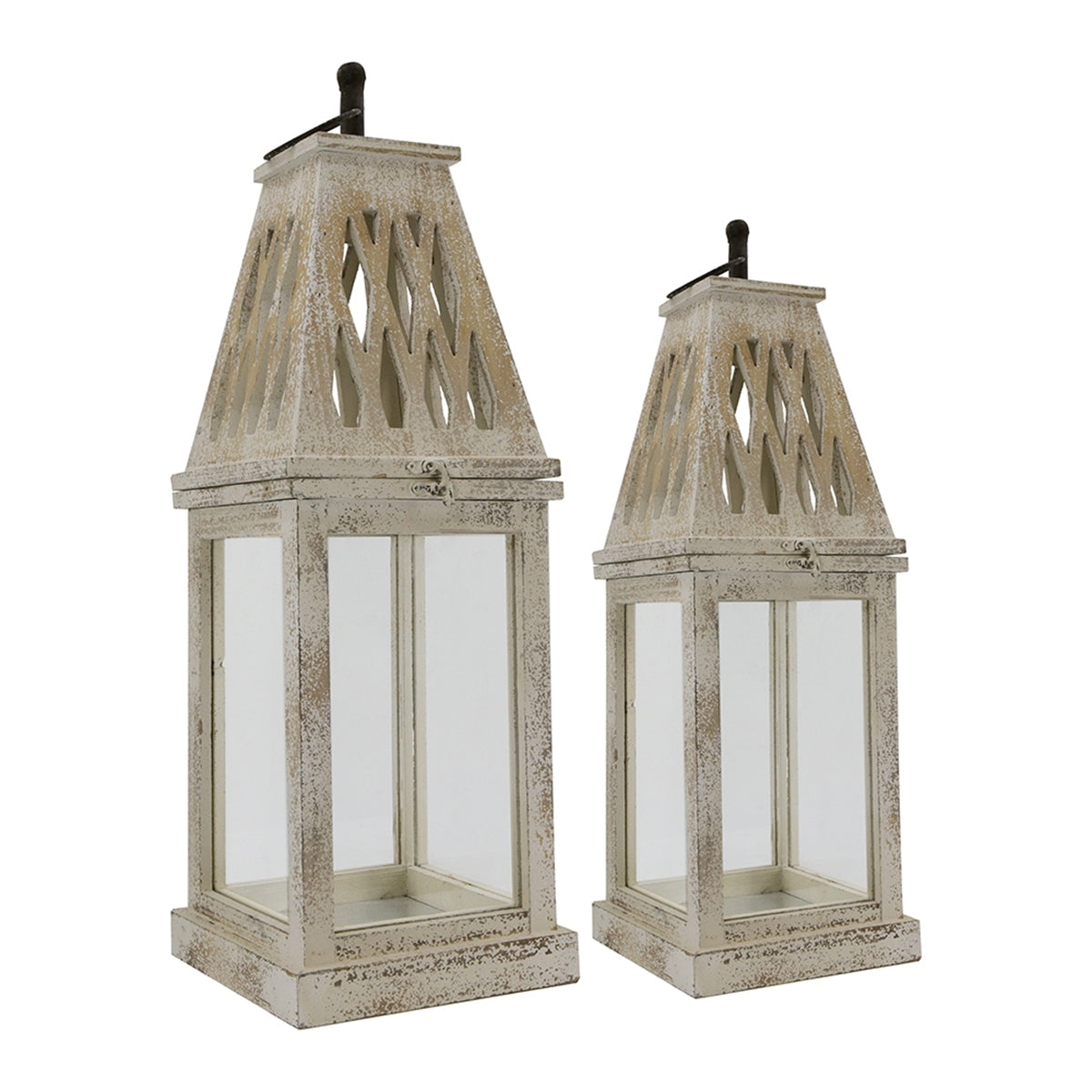 Set of 2 Rustic White French Country Wood & Glass Lanterns