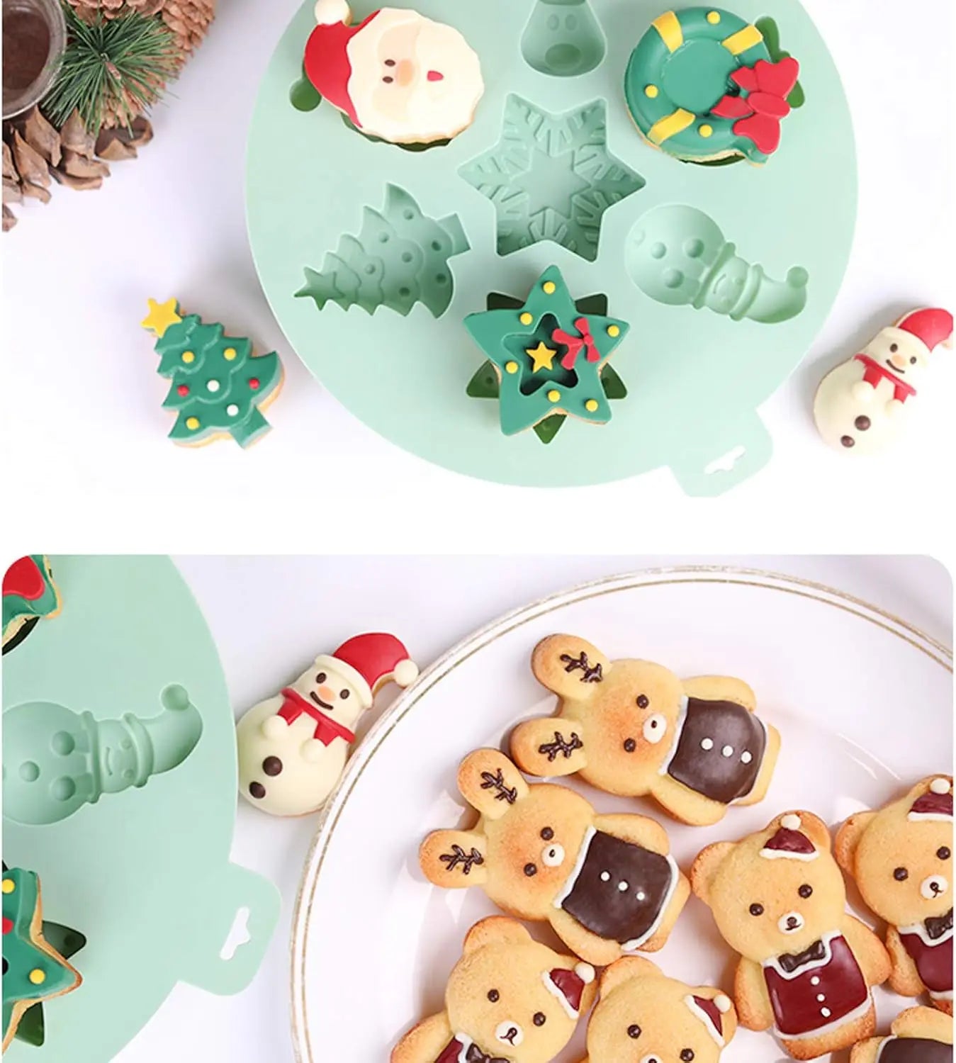 2 Pack Christmas Silicone Molds, Non-Stick Chocolate Jello Baking mold for Party Xmas Gift, with Christmas Tree Santa Snowman