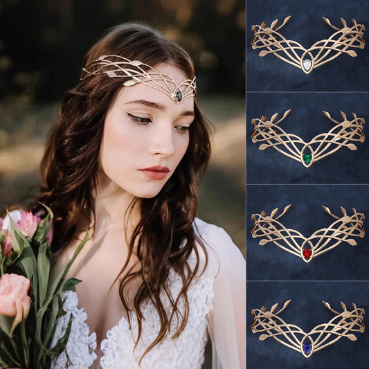 Luxury Tiaras Headbands for Women Leaf Crystal Crown Goddess Cosplay Forehead Round Elves Crowns Bridal Hair Accessories