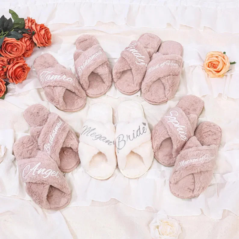 Personalized Bridesmaid Fluffy Slippers, Custom Bride Slippers, Bridal Slippers, Bridal Party Gifts Wedding Gift for Her