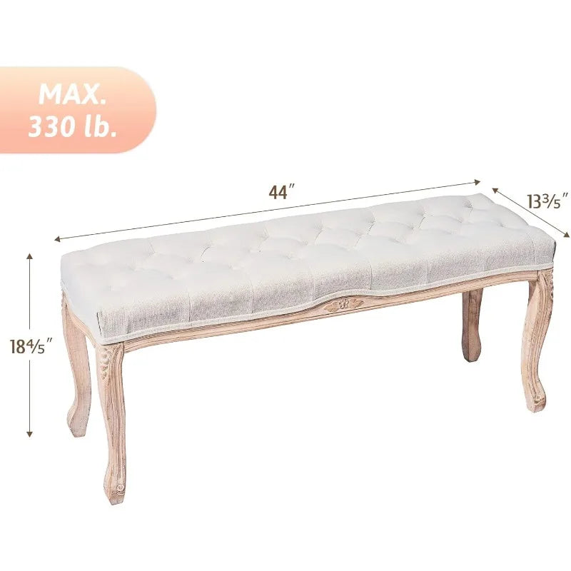 VONLUCE Vintage Dining Bench with Padded Seat&Rubberwood Legs,44" Memory Foam Upholstered Entryway Bench,Tufted Fabric End Beige