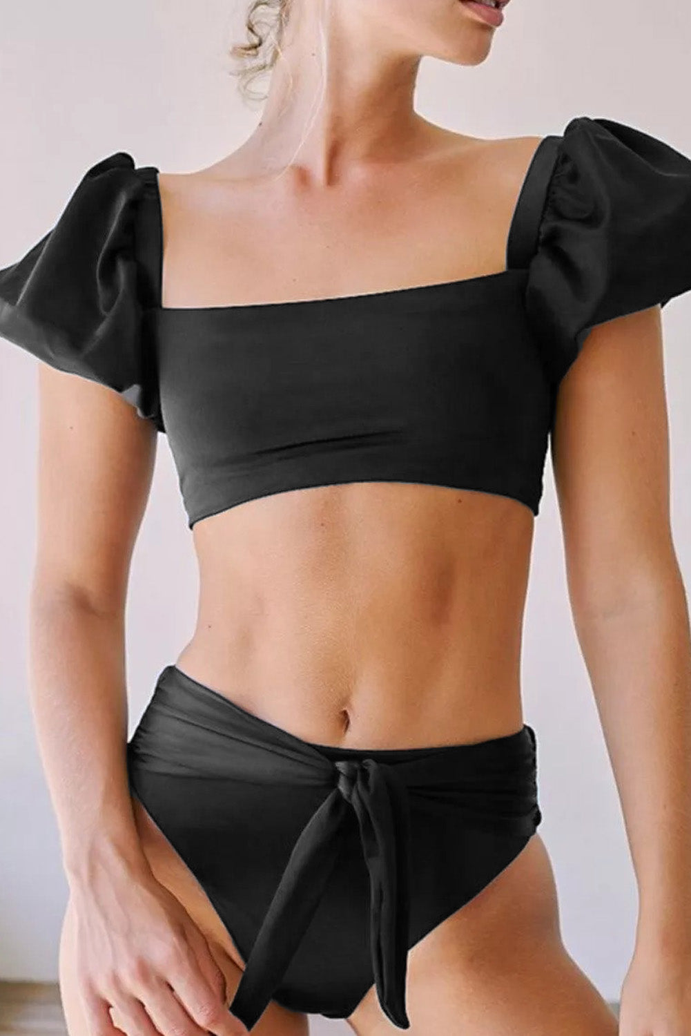Black Sexy Bubble Sleeves High Waist Bikini
