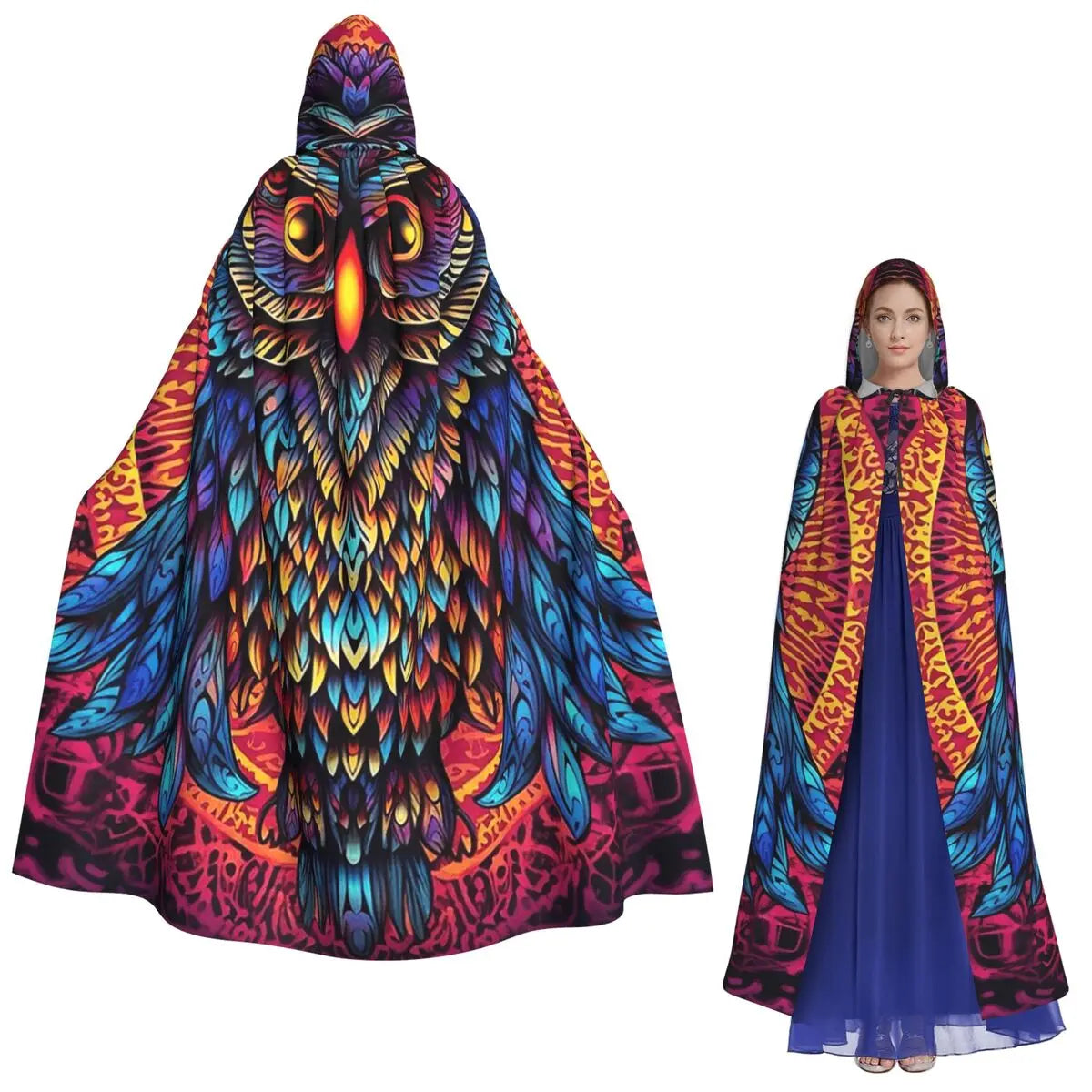 Native Mandala Owl American Long Hooded Cloak Witch Medieval Costume Cosplay Cape HalloweenCoat Adult Unisex