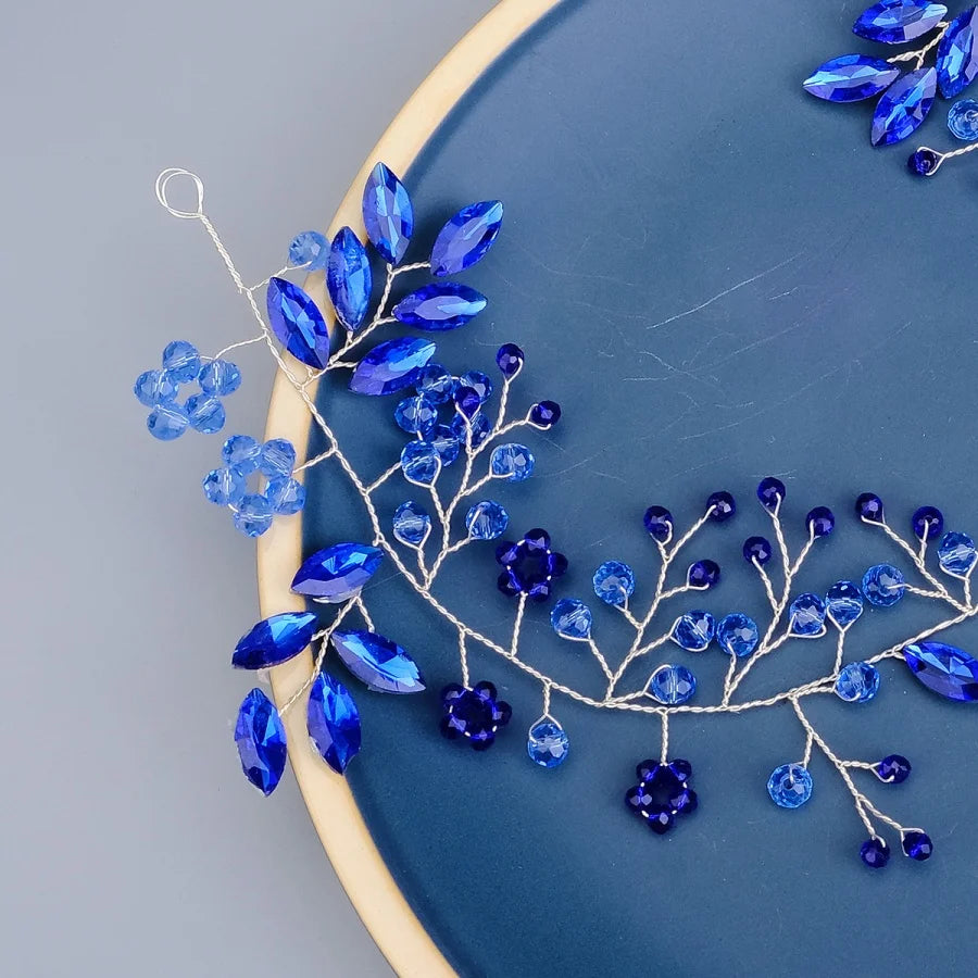 New Wedding Hair Accessories blue Crystal Pearl Hair Belt Wedding Bridal Hairband Hair Ornament Hair Jewelry Bride Headdress Hea