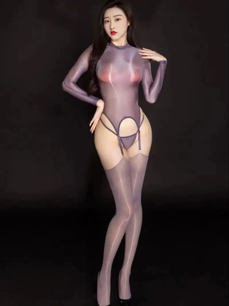 Glossy Shiny Outfit Crotchless Long Sleeve Bodysuit Tights Hot Sexy Transparent Clubwear Lingerie Stocking Body Garter Belt Set