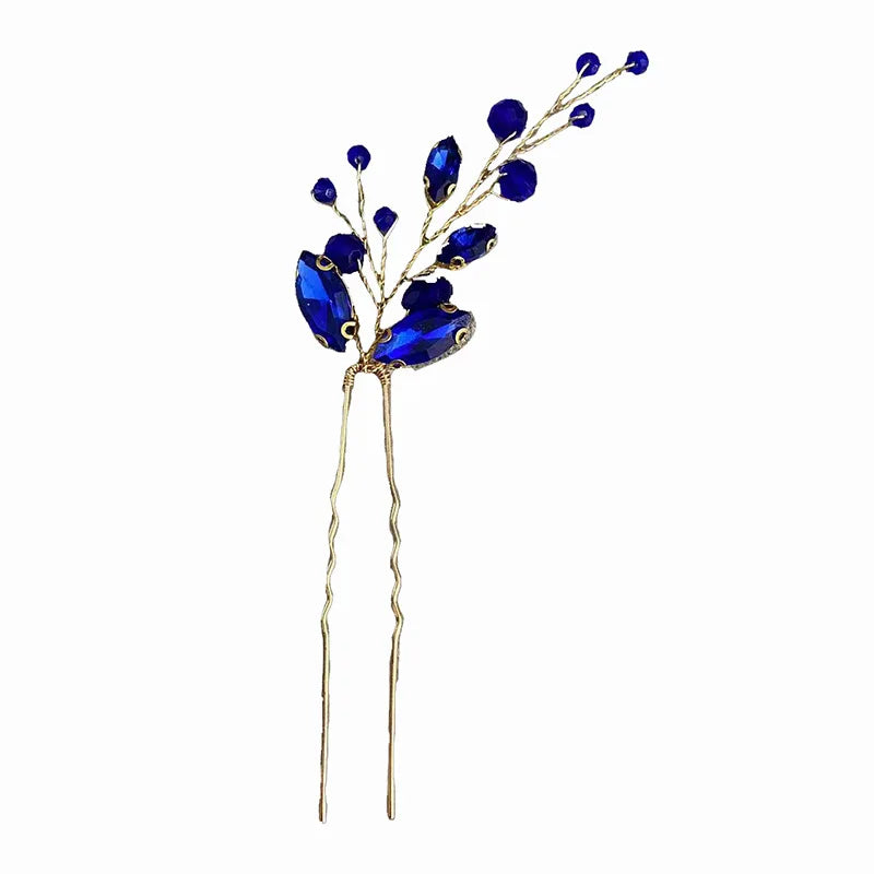 Blue Color Crystal Hair Pins Wedding Jewelry Accessories Head Decoration Bride Headdress Women Tiara Hair Bands Hair Vine