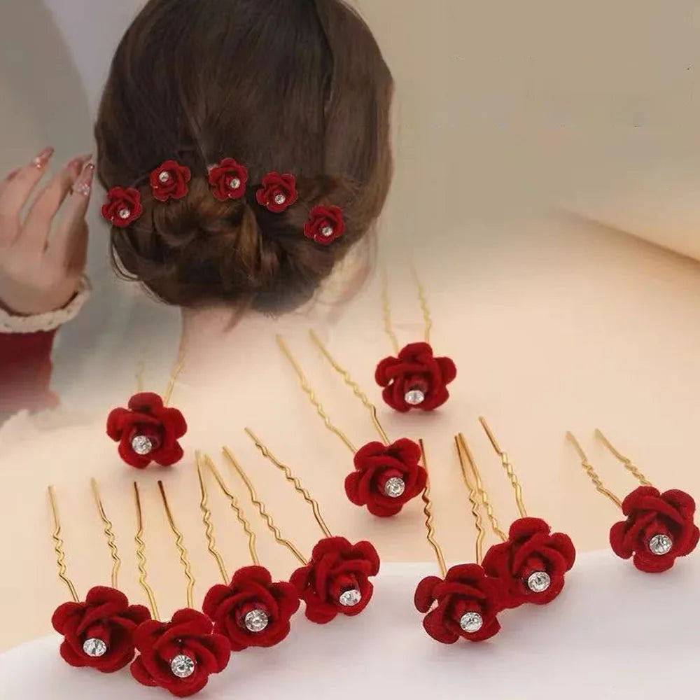 10Pcs Rose Hair Accessories Wedding Bride Hairpins Flower Hair Clips Red Velvet Clips For Women Elegant Pin Diamond Barrettes