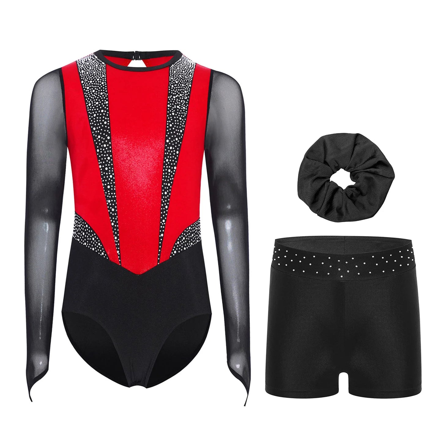 Kids Girls Ballet Gymnastics Sets Sports Tracksuit Figure Skating Dancewear Long Sleeves Rhinestones Leotard with Shorts Suit