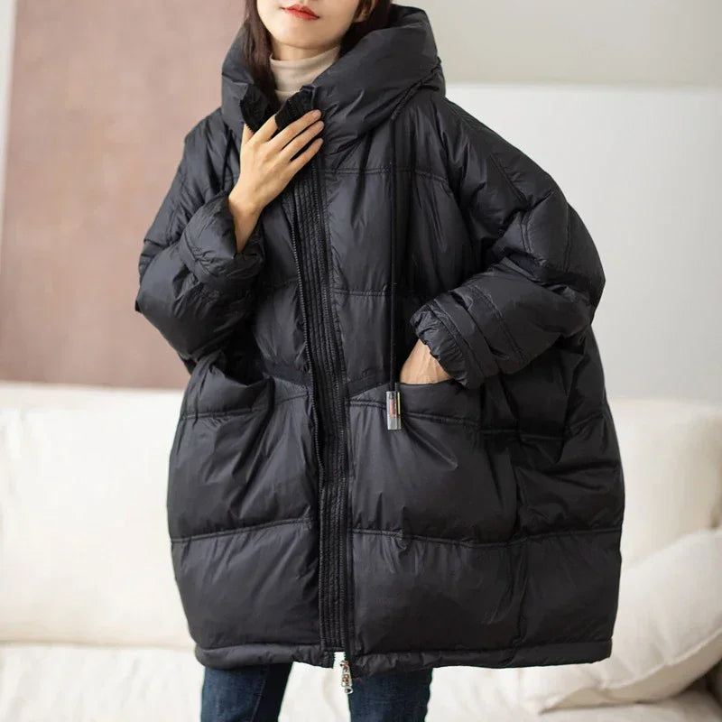 2024 New Down Jacket Women White Duck Coat Casual Loose Oversize Autumn Winter Warm Outerwear Hood Korean Style Coat Office Lady