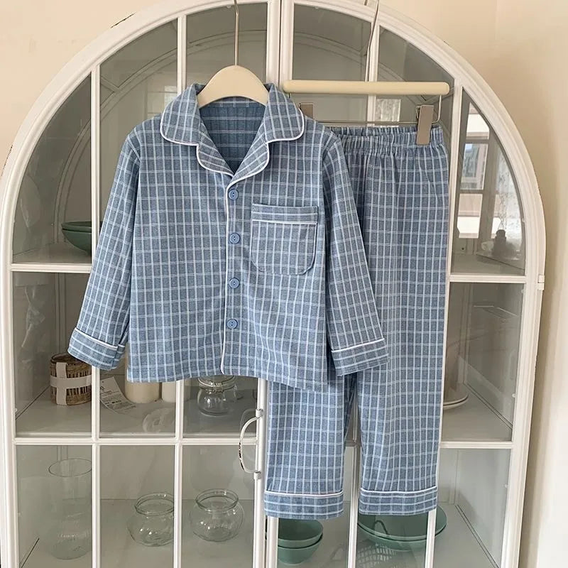 Baby Girl Boy Plaid Pajamas Set Toddler Teens Child Sleepwear Solid Kids Home Suit Spring Autumn Winter Baby Clothes 3-14Y