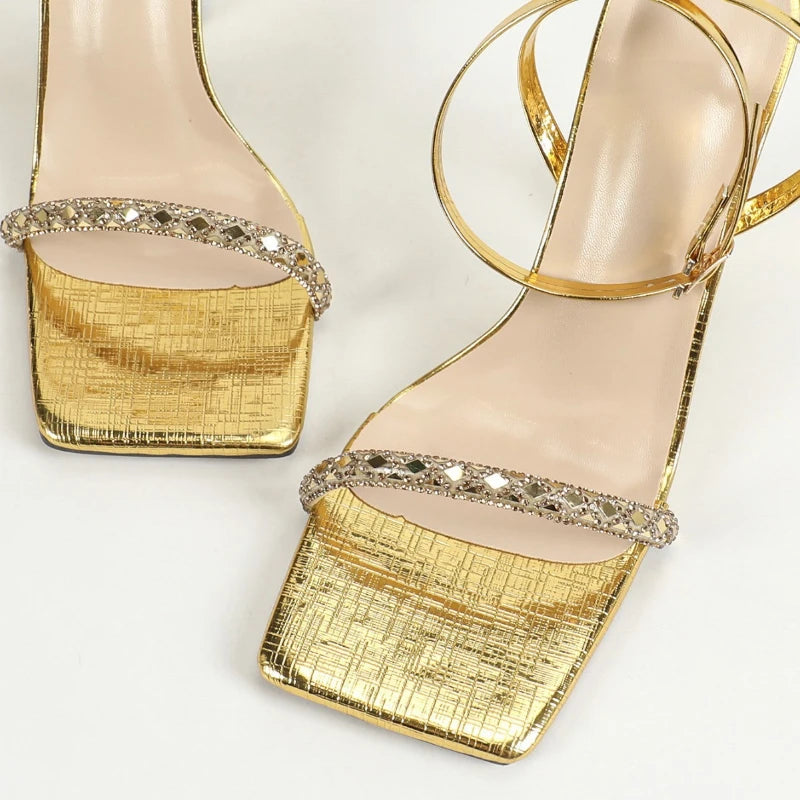 Fashion Rhinestone Strange Style Heels Sandals Women Sexy Square Toe Ankle Strap Buckle Pumps Gold Party Nightclub Dress Shoes