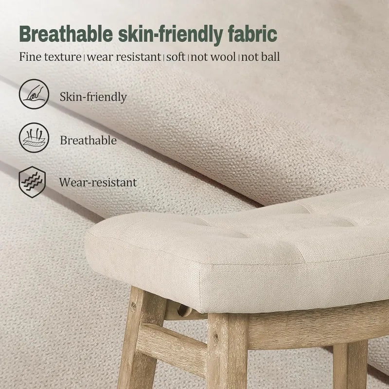 Counter Height Bar Stools Set of 3 for  Counter Farmhouse Modern Barstools Upholstered Fabric Backless Seat Khaki + Wood Color