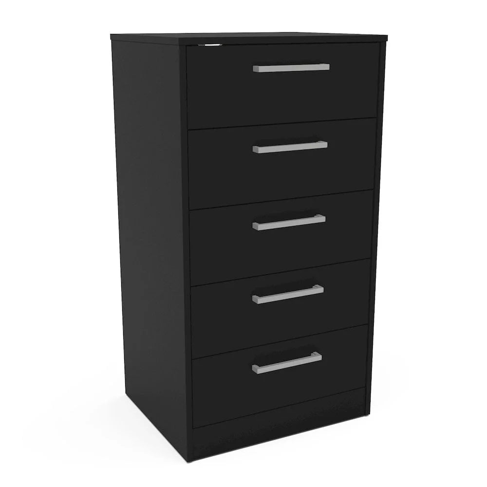 5 Drawer Dresser Storage Unit Black Engineered Wood Melamine Finish Scratch Resistant Anti-Tip System Ball Bearing Glides