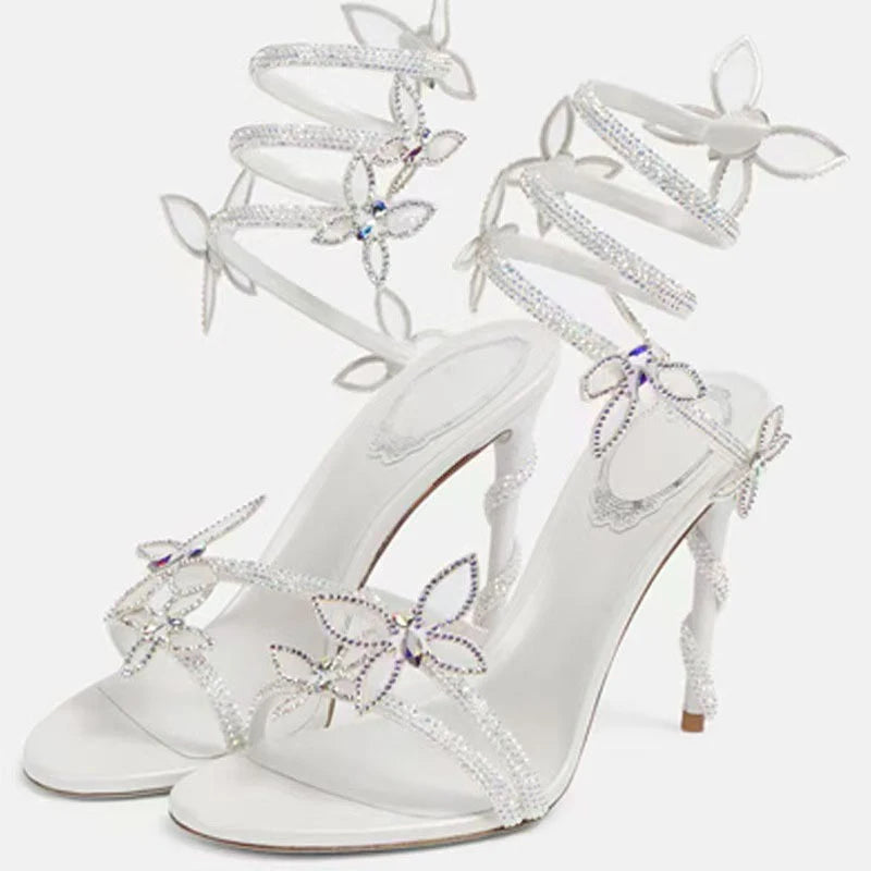 Eilyken Street Style CRYSTAL Flower Thin Heels Banquet Prom Women Sandals Sexy Open Toe Narrow Band Ankle Strap Gladiator Shoes