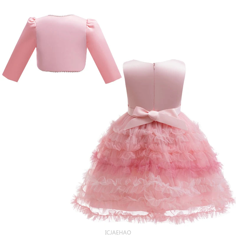 Wed Dress Pink Kids Girls Sleeveless Bow Single Button Coat 2 Piece Satin Set Dresses Tulle Skirt Children Pearl Long Sleeve