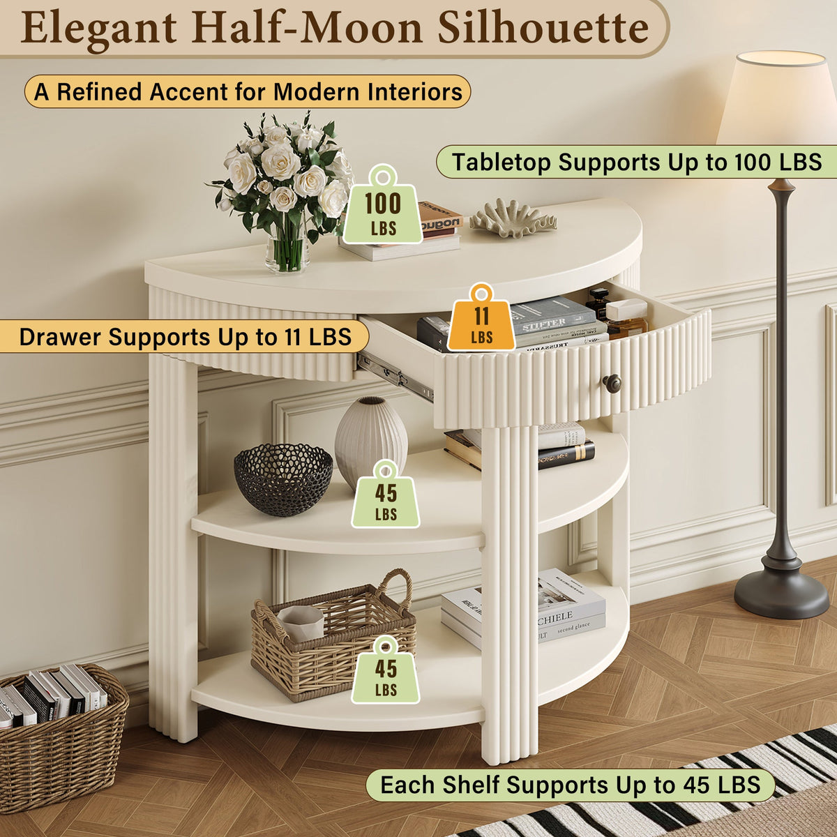 Fluted Half Moon Console Table with Drawer and 2 Shelves for Entryway,