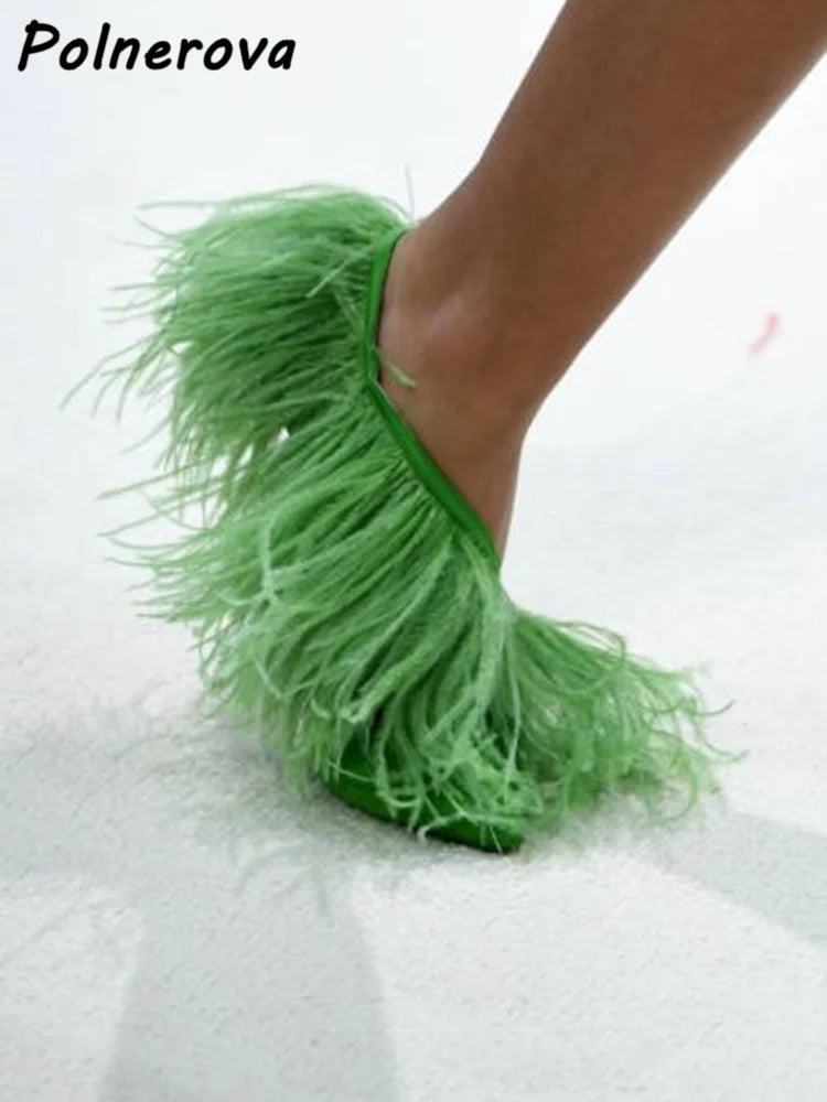 Satin Surround Feather Fringe Sandals Pointy Toe Solid Pointy Toe Stiletto Shoes Red Orange Black Summer Shallow Runway Shoes