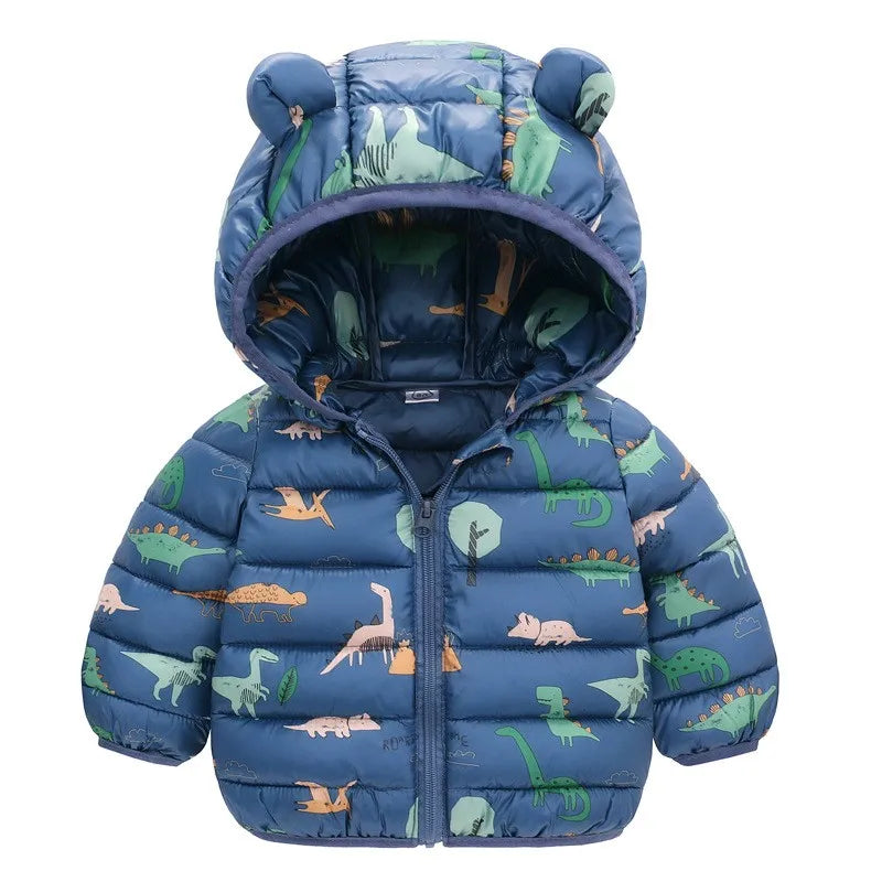 Children Boys Baby Hooded Lightweight Down Jackets Warm Outerwear Autumn Kids Girls Coats Cartoon Dinosaur Print Casual Clothing