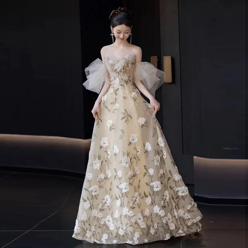 Super Fairy flower off-Shoulder High-End Evening Dress Host Performance Light Luxury Bride Engagement 15 Quinceanera Dresses