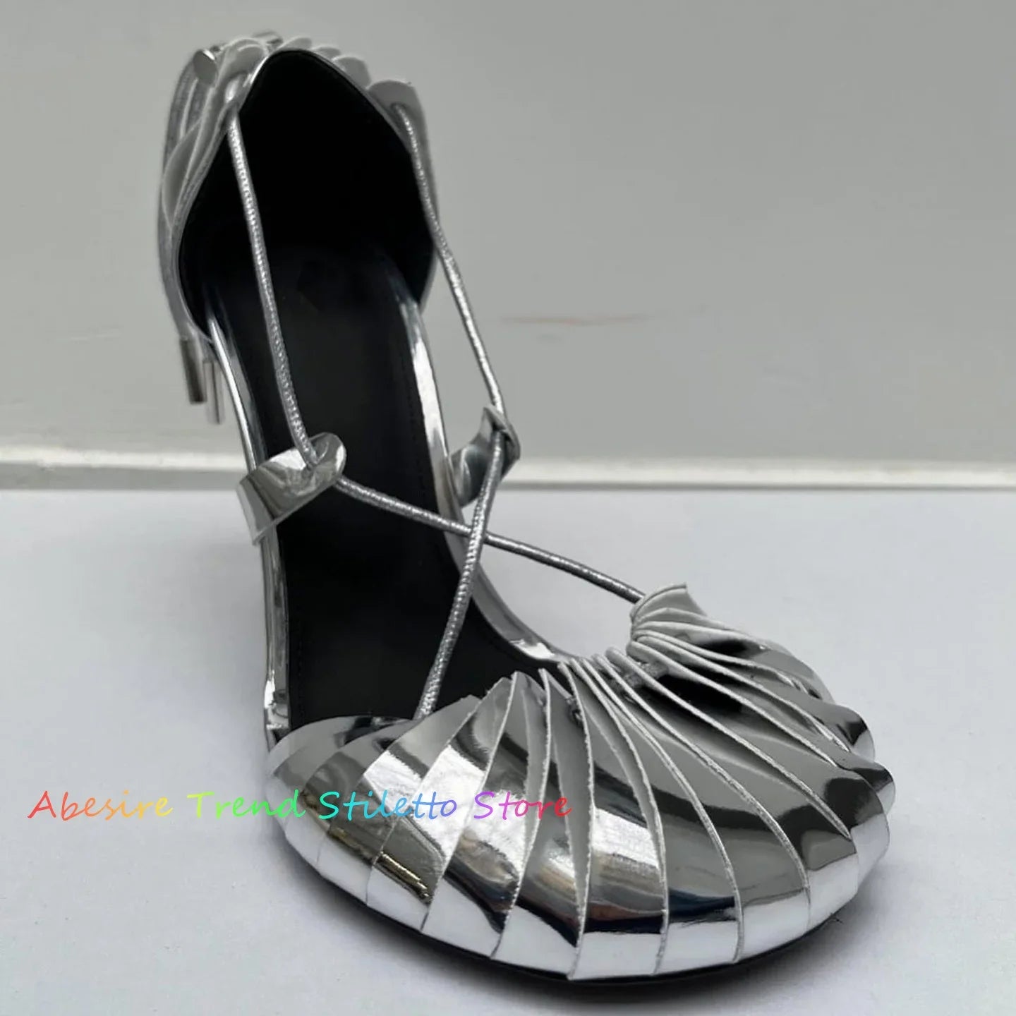Black Leather High Heel Sandals Women Summer New Round Toe Drawstring Fastening Stiletto Heel Lace Up Party Dress Shoes