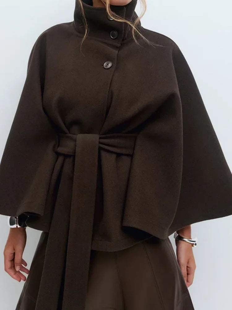 Stand Collar Sashes Patchwork Jackets, Women Autumn Winter Batwing Sleeve Chic Coats, 2025 Loose Holiday Solid Cloak Streetwear