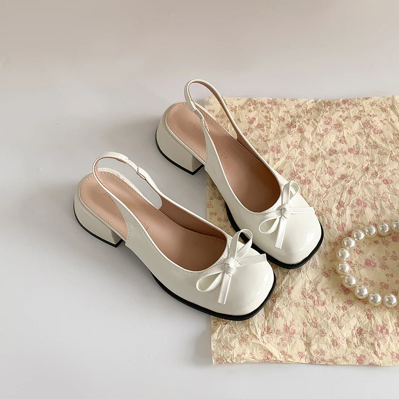 2025 New Summer Thick Heel Women Sandals Elegant Butterfly-knot Ladies Slip On Singbacks Dress Shoes