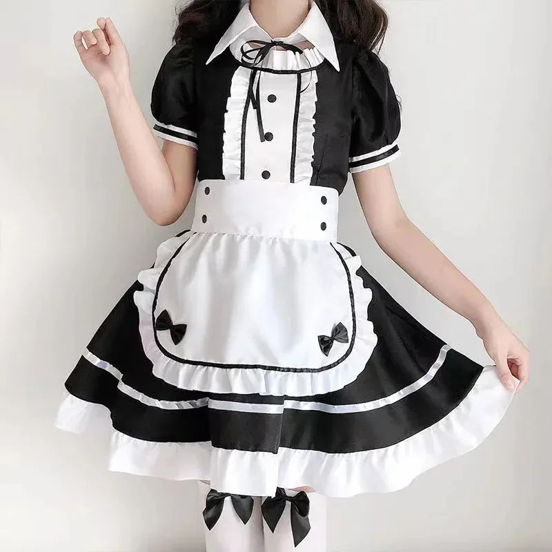 Sexy Lingerie Lolita Maid Cosplay Costume Women Headwear Apron Fake Collar Bowknot Black Dress Halloween Party Outfit
