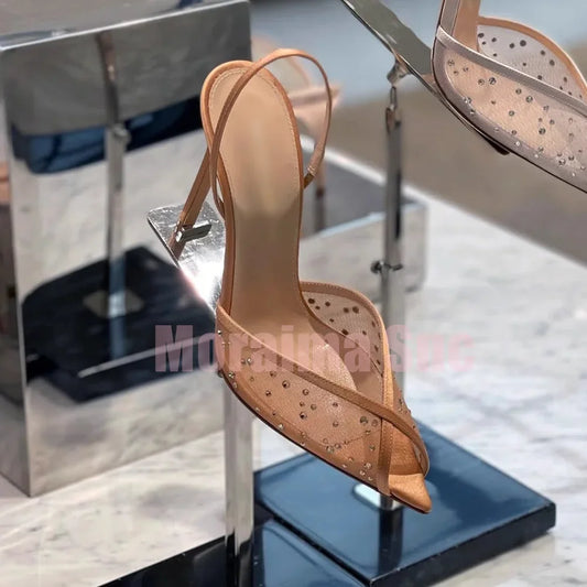Sexy Crystal Mesh Pointed Toe Sandals Slingback Stiletto High Heel Slip On Fashion Women's Summer Shoes Banquet Party 2025 New