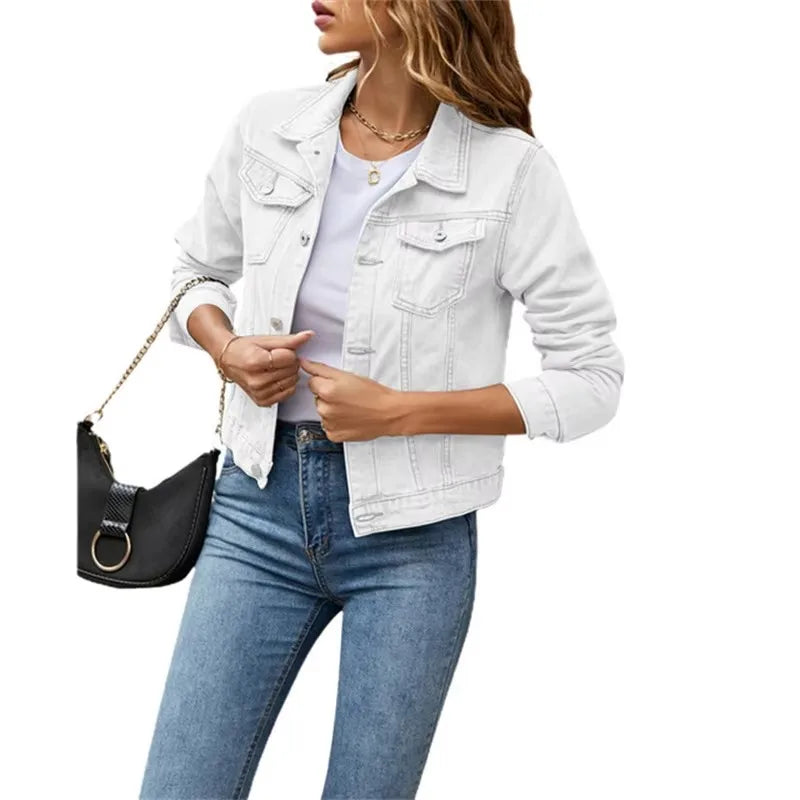 New Women Short Denim Jackets Fashion Female Casual Long Sleeve Lapel Solid Button Pocket Slim Jean Jacket Fall Winter Coat