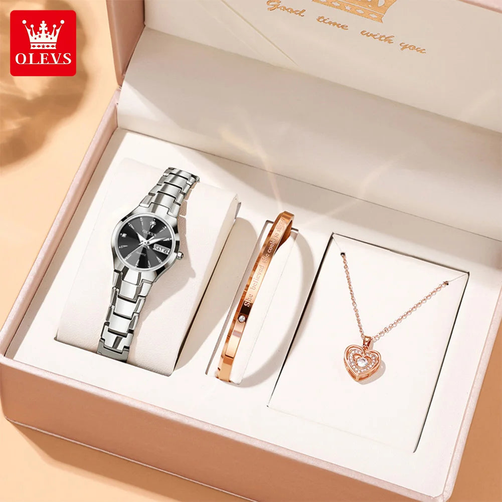 OLEVS Ladies Watch 8697 Luxury Elegant Quartz Watches Waterproof Tungsten Steel Day Date Watches For Woman Watch Bracelet Set