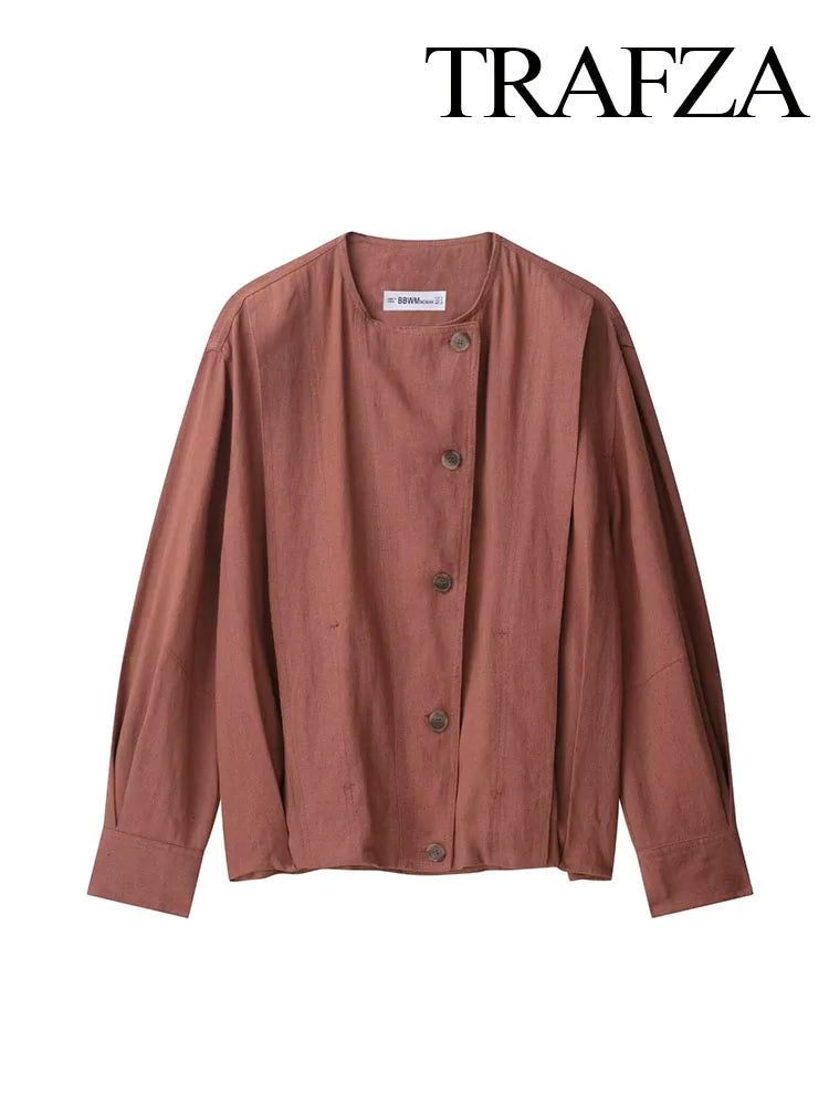TRAFZA Female New Fashion Casual Jackets Solid O-Neck Long Sleeves Single-Breasted Women's Autumn Streetwear Style Coats