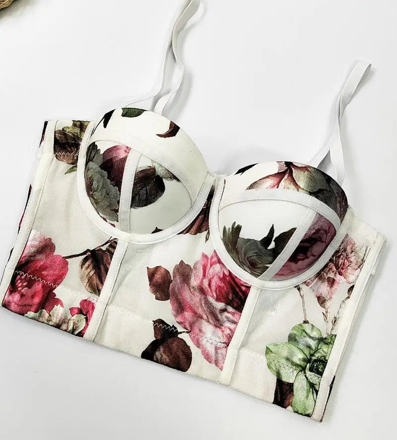 Women Sexy Floral printed Corset Tank Top Nightclub Party Short Chest Binder Camisole Girl Push Up Bustier Lady Bra Lingerie