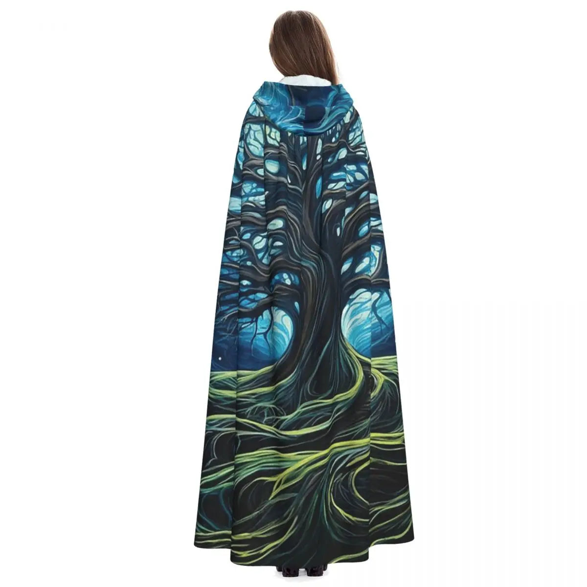 Magic Green Tree  Long Hooded Cloak Witch Medieval Costume Cosplay Cape HalloweenParty Adult Unisex