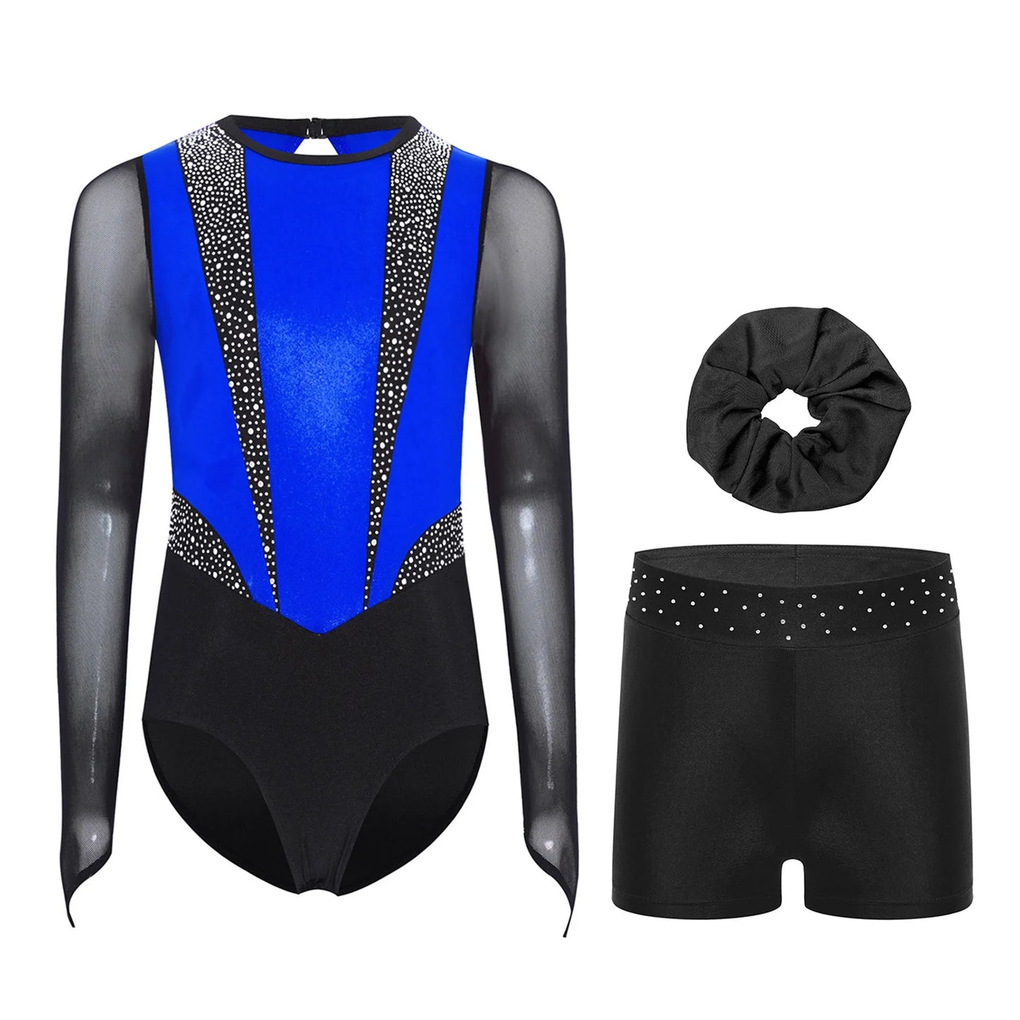 Kids Girls Ballet Gymnastics Sets Sports Tracksuit Figure Skating Dancewear Long Sleeves Rhinestones Leotard with Shorts Suit