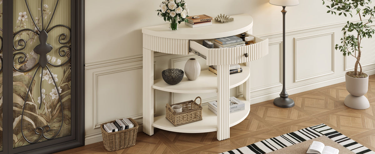 Fluted Half Moon Console Table with Drawer and 2 Shelves for Entryway,