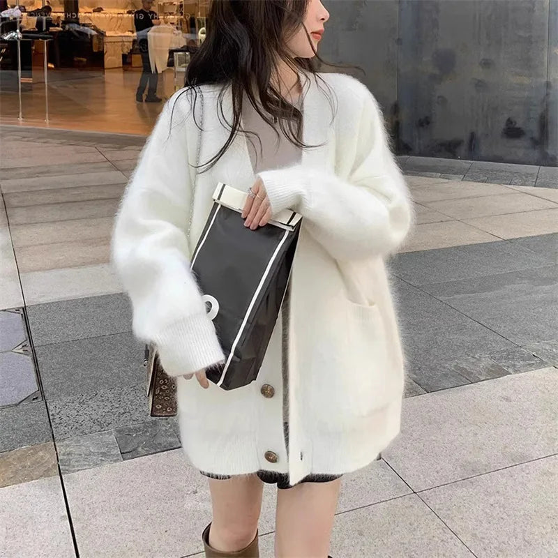 Cardigan Knit Sweater Women Single Breseted V Neck Coat Solid Long Sleeve Splice Jumpers Elegant Coat Loose Autumn Winter