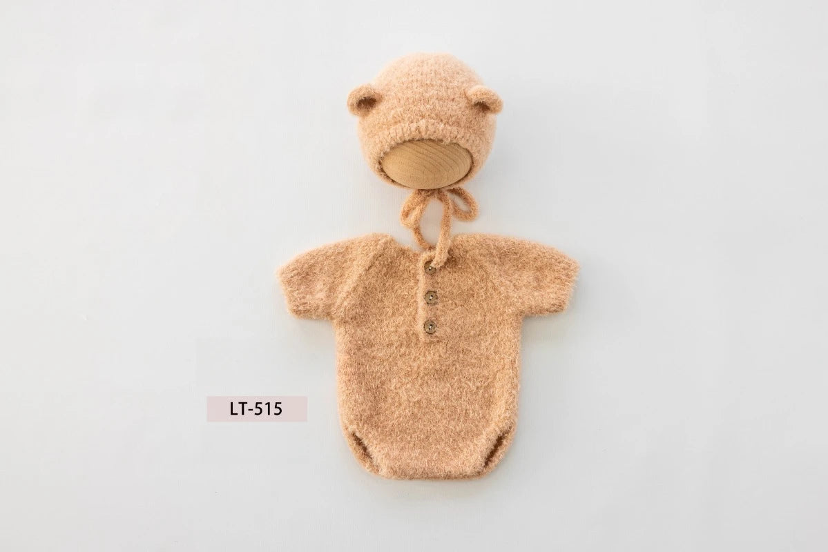 Newborn Photography Props Handmade Knitted Bear Clothes Costume Bodysuit with Hat and Cute Doll Set for Baby Studio Photo Shoot