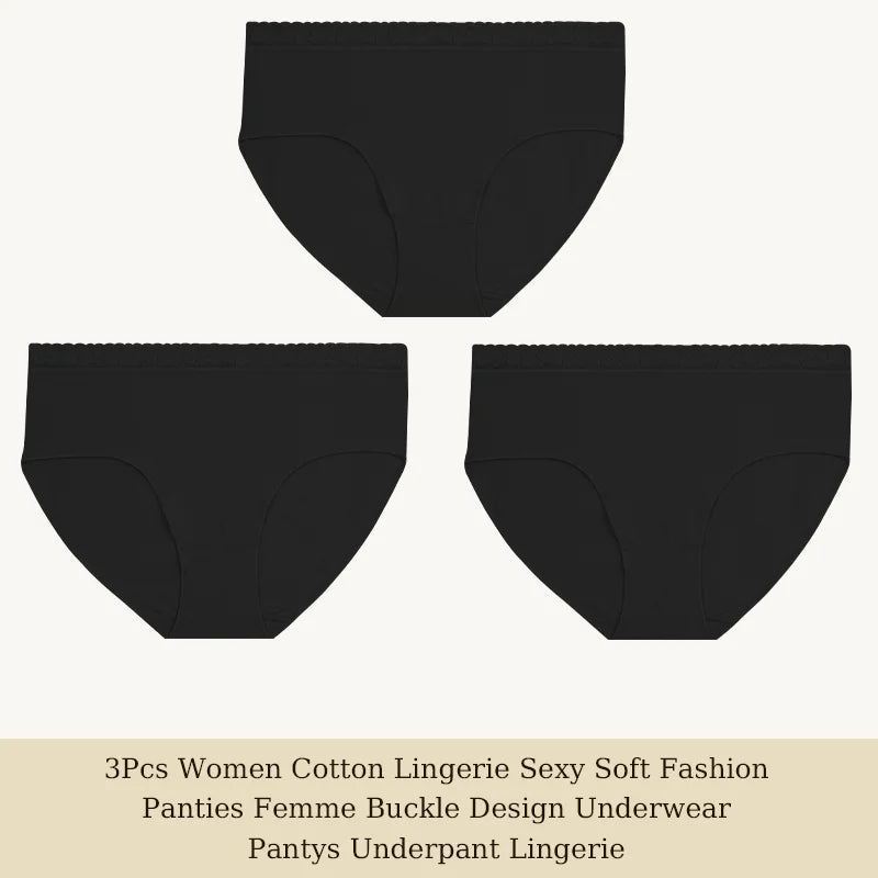 3Pcs Women Cotton Lingerie Sexy Soft Fashion Panties Femme Buckle Design Underwear Pantys Underpant Lingerie Lace Intimates S-XL