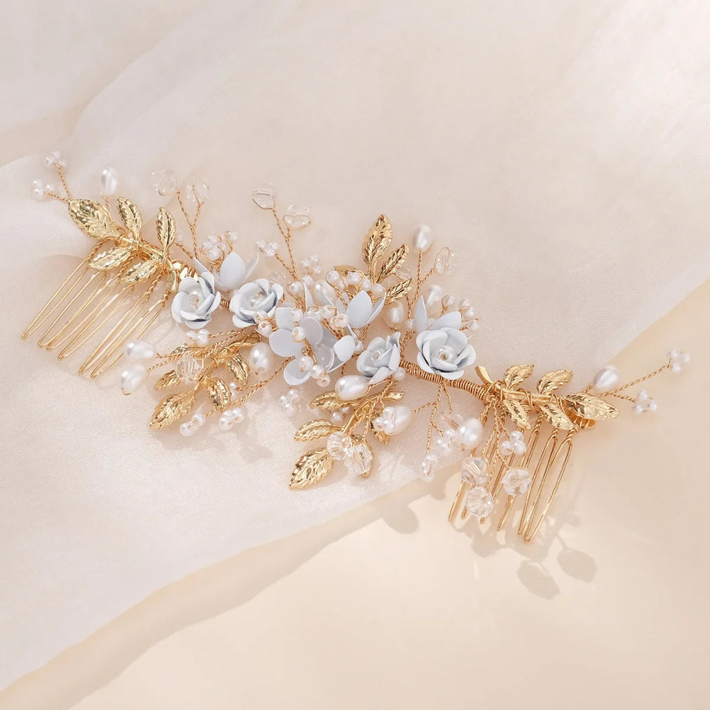 Bride Double Hair Comb Blue Flower Pearl Hairpin European And American Wedding Hair Accessories Fashion Marriage Headwear Gifts