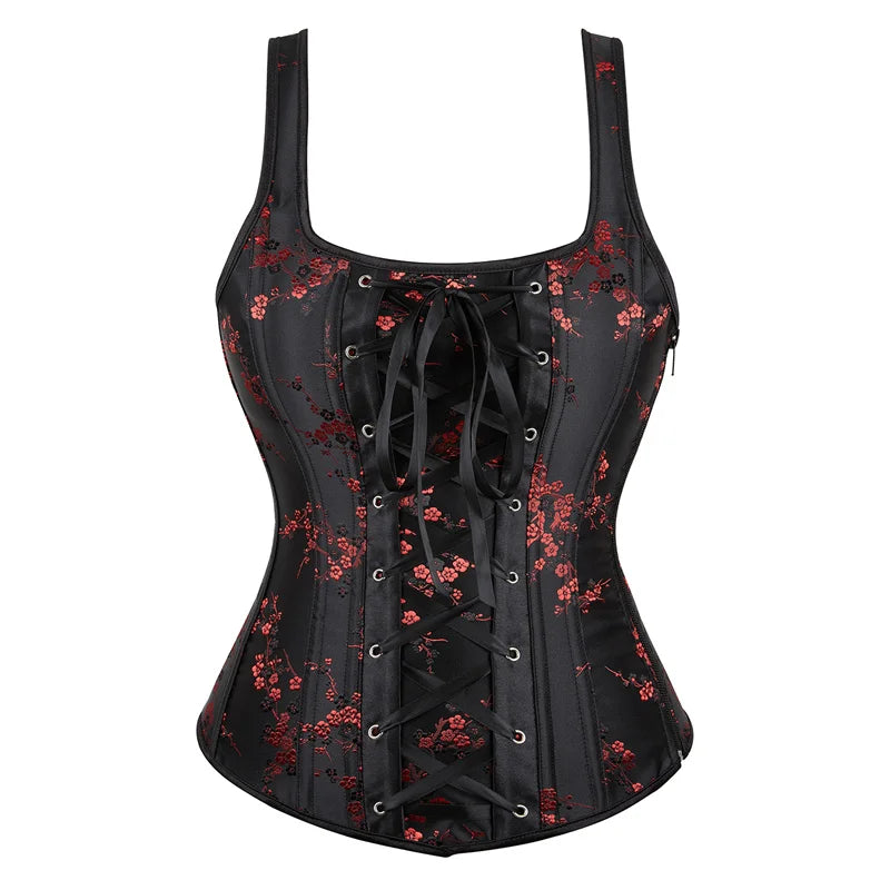 Corset Top Bustier Halter Strap Plus Size Embroidery Flower Lace UP Overbust Burlesque Costume Sexy Lingerie Women Red Black