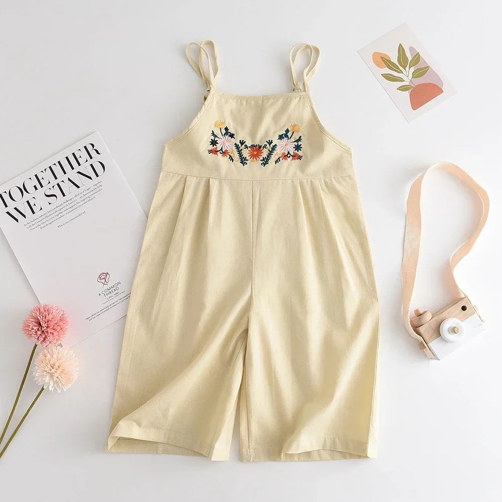 Bear Leader Cute Baby Girl Clothes Summer Sleeveless Embroidered Flower Suspender Jumpsuit Basic Simple Children's Clothing