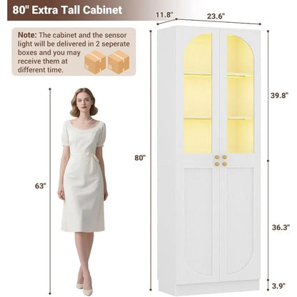 Pantry for kitchen use, tempered glass doors, black finish, motion sensor lighting