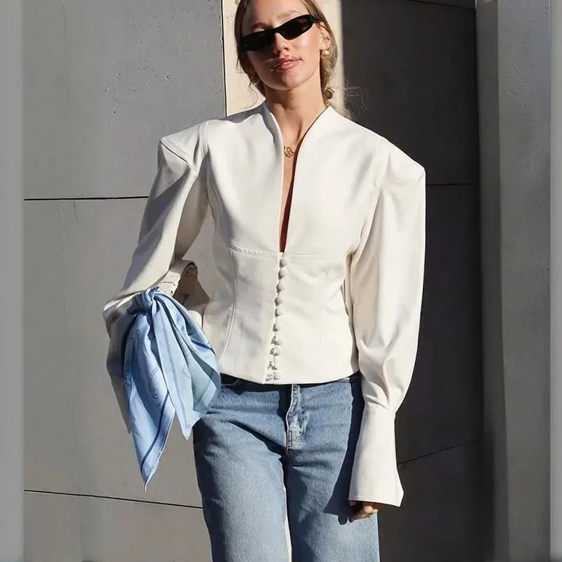 2025 Autumn New Waist-closed Blazer Coat Women's V-neck Long Sleeve Buttons Slim Short Coat Fashion Office Lady Blazer