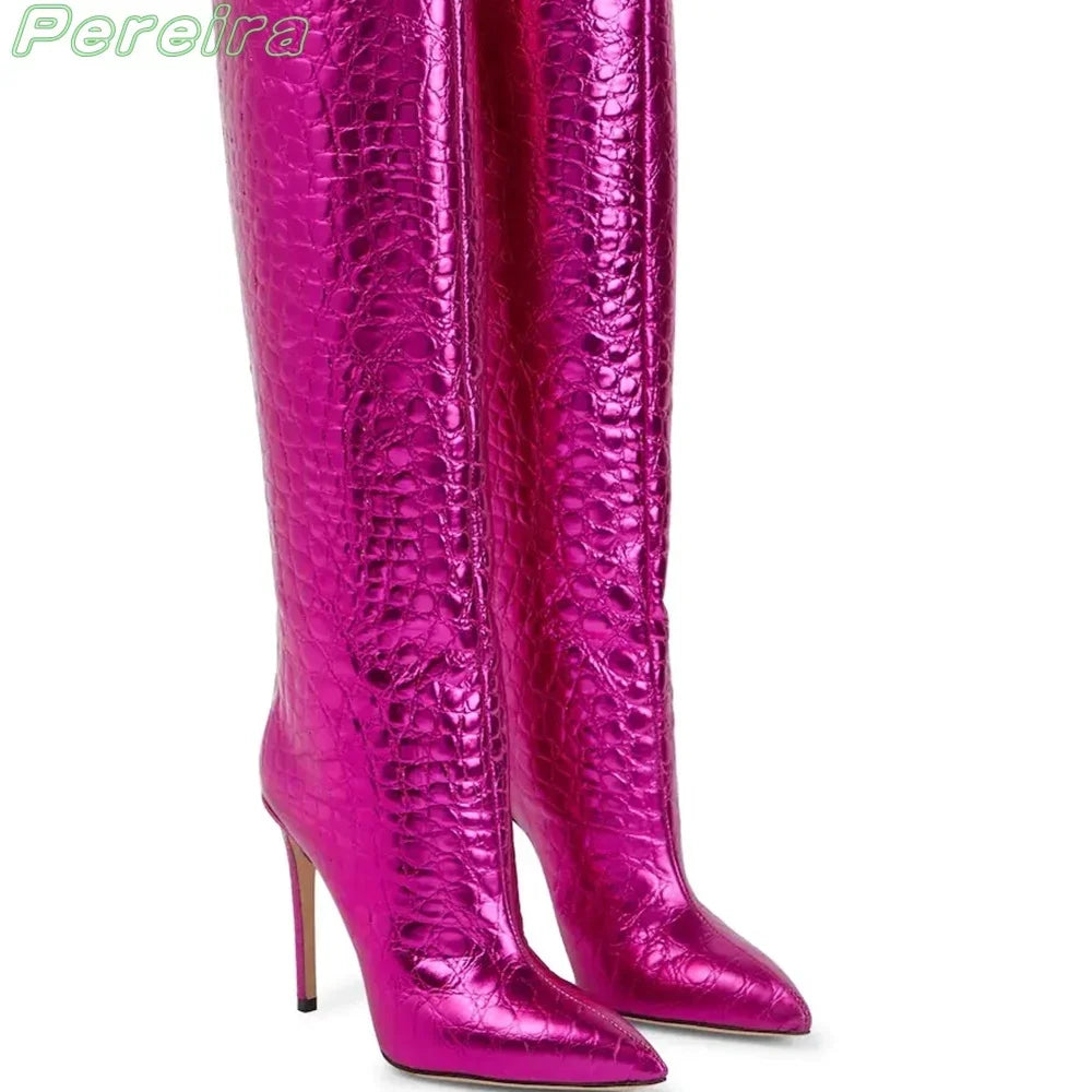 Sexy Serpentine Print Knee-High Boots Pointed Toe Solid Patent Leather Cover Heel Pleated Slip On Fashion 2024 New Arrivals